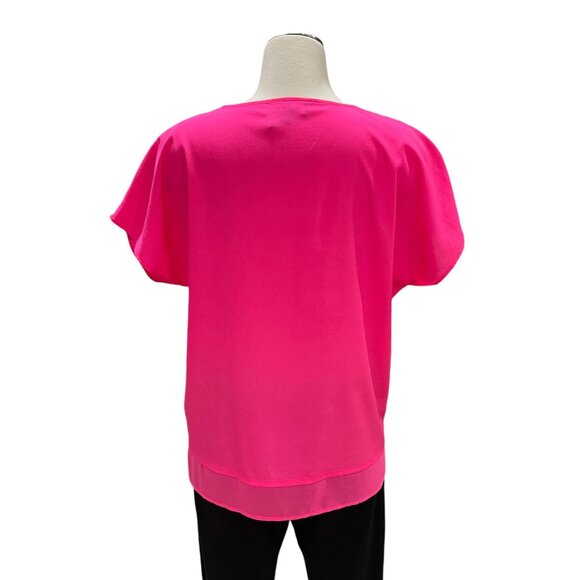 DKNY Hot Pink V-Neck Blouse Medium Chic Layered Flowy Comfy Minimalist Feminine - Picture 5 of 9